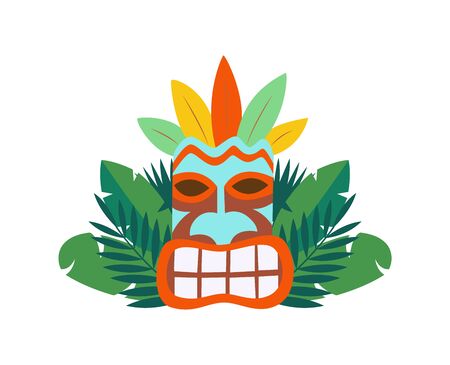 Tiki hawaiian wooden mask icon and tropical palm leaves, flat cartoon vector illustration isolated on white background. Vacation on Hawaii and exotic summer journey.のイラスト素材