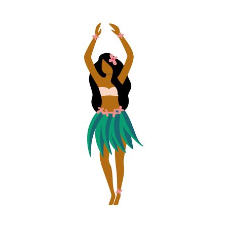 Hawaiian Hula girl dancer cartoon character in traditional leaves skirtのイラスト素材