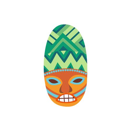 Wooden Hawaiian mask icon or symbol flat cartoon vector illustration isolated on white background. Polynesian totem wood carving idol for summer cards and invitations.のイラスト素材