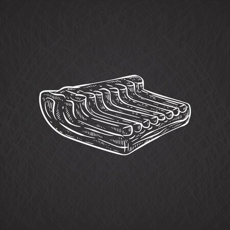 Retro white engraved pork or beef side ribs for grill or barbecue. Hand drawn pork cut and pig meat for barbecue. Isolated sketch vector illustration of ribs.のイラスト素材