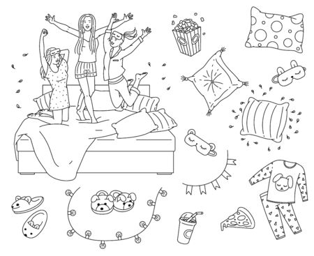 Sleepover slumber party element set in coloring book line art style - cartoon girls jumping in bed, cozy pillows, pajamas, etc. Flat isolated colorless vector illustrationのイラスト素材