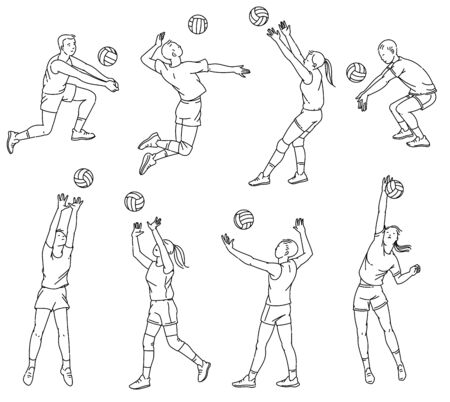 Volleyball players outline silhouettes set of sketch vector illustrations isolated on white background. Sport game athletes, men and women cartoon characters.のイラスト素材