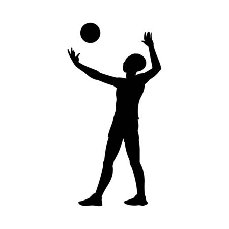 Man throwing volleyball - black silhouette of cartoon athlete serving a ball isolated on white background. Outline shape of person - flat vector illustration.のイラスト素材