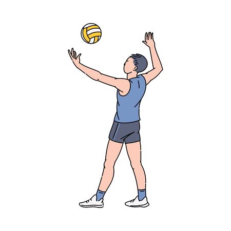 Cartoon athlete doing ball serve in volleyball - man in sport attire playing competition game seen from side view. Flat isolated vector illustration.のイラスト素材