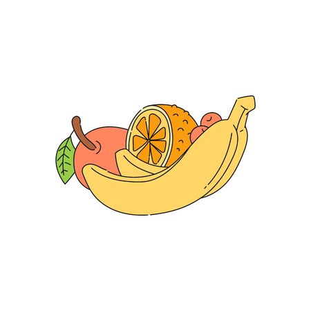 Fresh fruits group - banana, apple and orange icon in sketch style, vector illustration isolated on white background. Healthy summer vegetarian food symbol.のイラスト素材