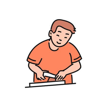 Cooking man cartoon character vector illustration in sketch style isolated on white background. Professional or amateure culinar, cook personage cuting vegetables.のイラスト素材