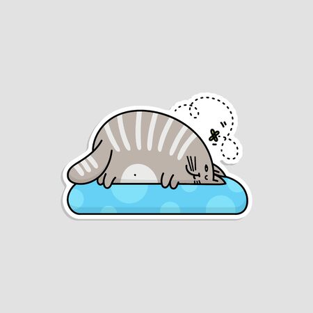 Sticker with cute fat striped lazy cat sleeping and dreaming cartoon vector illustration isolated on background. Print with domestic animal character in sketch style.のイラスト素材