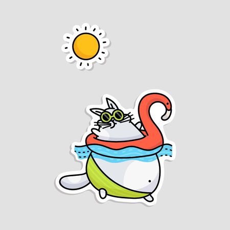 Sticker template with cute fat funny cat going to swim, sketch cartoon vector illustration isolated on background. Summer beach print with domestic pet comic character.のイラスト素材
