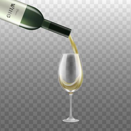 Realistic mockup - green bottle with glass of white wine vector illustration isolated on transparent background. Shiny wine glass filling with alcohol drink.のイラスト素材