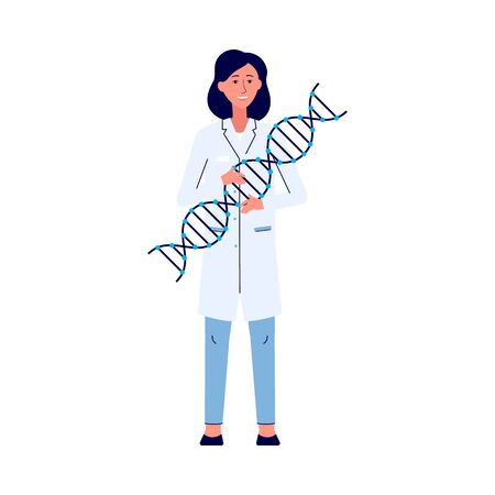 Woman cartoon character holding DNA molecule modelのイラスト素材