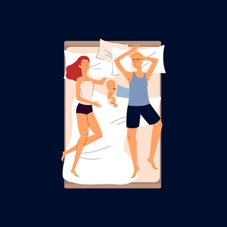 Couple sleeping in one bed with a baby - cartoon family in different sleep positions isolated on darkのイラスト素材