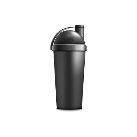 Drink shaker or sport protein black container mockup, realistic vector illustration isolated on white background. Plastic bottle template for sport nutrition supplement.のイラスト素材