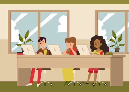 Room background with boys and girls cartoon characters studying online, flat vector illustration. E-schooling and distance education technology for children.のイラスト素材