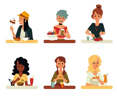 Set of women cartoon characters eating various mealsのイラスト素材