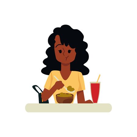 Cartoon woman chewing food from bowl isolated on white background. African girl with dark skin chewing and holding spoon of meal - flat vector illustrationのイラスト素材