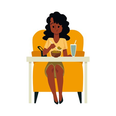 Black woman eating food sitting on chair and table. African lady chewing porridge oats or other meal from bowl isolated on white background - flat vector illustrationのイラスト素材