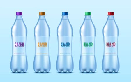 Plastic water bottles set with color caps and transparent labels for brand identity, realistic vector illustration on blue background. Template for soda water drinks.のイラスト素材