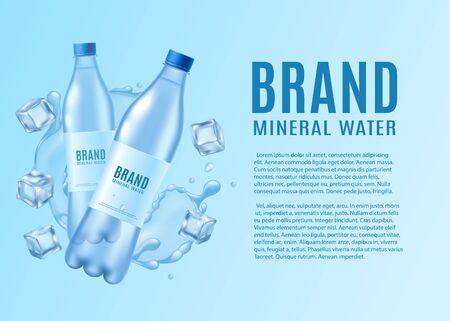 Fresh natural water ad poster template - realistic mockup of two plastic bottles floating in water splash shape and ice cubes. Vector illustration of cold beverage.のイラスト素材
