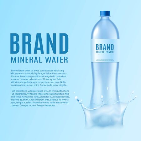 Mineral water branding and promotion banner template with water bottle realistic vector illustration isolated on white background. 3d design for drink presentation.のイラスト素材