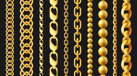 Realistic gold chain set isolated on black background. Different types of golden chains with wheat, cable, bead and other link styles, vector illustration.のイラスト素材