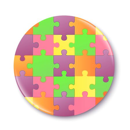 Many-colored badge or pin with jigsaw puzzle pattern mockup, realistic vector illustration isolated on white background. Template of corporate button emblem.のイラスト素材