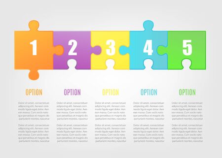 Jigsaw puzzle banner template with colorful option tiles - 5 mosaic tile piece options with description text. Several choices game poster - vector illustration.のイラスト素材