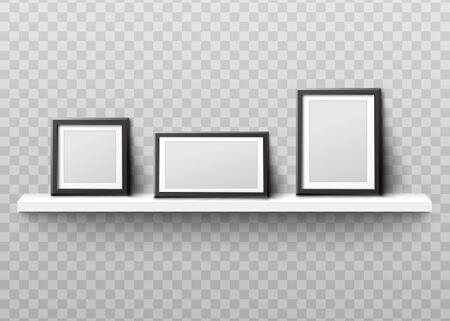 Mockup of empty black photo frames standing on shelf realistic vector illustration isolated on transparent background. Picture or photography frameworks template.のイラスト素材