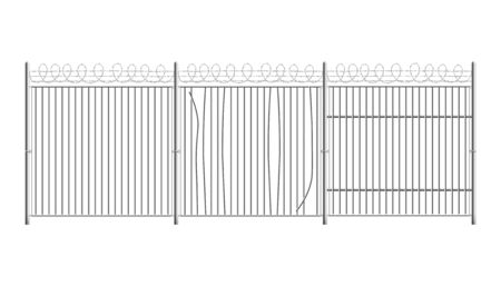 Prison or military, court building secure fence with curved and partly broken steel rods and barbed wire realistic vector illustration isolated on white background.のイラスト素材