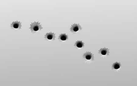 Realistic gun bullet holes set on grey metal wall - black stray circle shaped gunshot holes in random order on metallic surface. Vector illustration.のイラスト素材