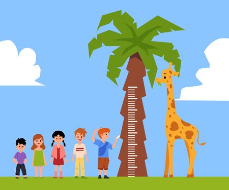 Cartoon giraffe for kids height measure chart - happy little children standing in line for palm tree with tropical animal for growth measurement. Flat vector illustration.のイラスト素材
