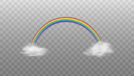 Mockup of rainbow colorful arch basing on clouds, realistic vector illustration isolated on transparent background. Spectrum sky arc colors element of rainy weather.のイラスト素材