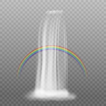 Waterfall and rainbow isolated on transparent background - realistic white water stream with splash mist and colorful arc. Vector illustration.のイラスト素材