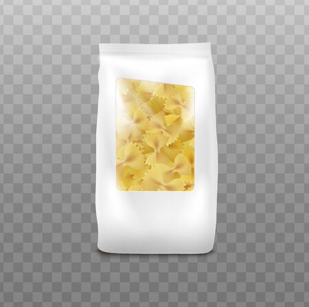 Farfalle pasta package mockup isolated on transparent background - realistic white bag of macaroni with clear plastic window showing the inside. Vector illustration.のイラスト素材