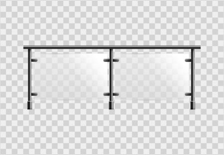 Glass balustrade or plexiglass fence section with metal handrails, realistic vector illustration isolated on transparent background. Modern architecture stairs element.のイラスト素材