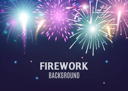 Festive firework background template with colorful light explosions and sparkles realistic vector illustration. Night sky layout with holiday carnival firecrackers.のイラスト素材