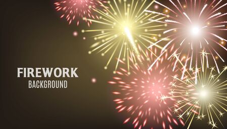 Dark firework background with realistic red and yellow sparkle explosions. Festive celebration banner template with text copy space - vector illustration.のイラスト素材