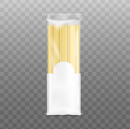 Blank realistic spaghetti pack mockup with clear plastic top isolated on transparent background. White retail packaging template - vector illustration.のイラスト素材
