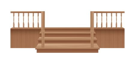 Wooden porch stairs and handrail for home entrance - realistic wood staircase and banister from front view isolated on white background. Vector illustration.のイラスト素材