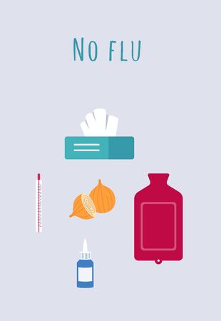 No flu card or banner with health care elements for medical and domestic treatment of seasonal diseases and virus epidemic, flat vector illustration on blue background.のイラスト素材