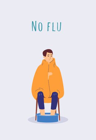 Nu flu poster with sick man with virus soaking feet in warm water - cartoon person wrapped in blanket and sitting on chair. Vector illustrationのイラスト素材