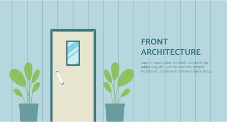 Front door on building facade - flat banner template for house exterior architecture decorated with potted houseplants. Vector illustration of outdoor home design.のイラスト素材