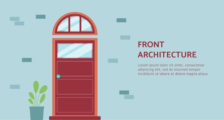 Front architecture banner template with red panel door on blue brick wall with arched transom window and decorative house plant. Building entrance doorway - flat vector illustration.のイラスト素材