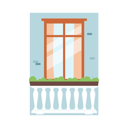 Narrow window on brick wall with plants on balcony railing with white classic columns - isolated part of building architecture with nobody inside. Flat vector illustration.のイラスト素材