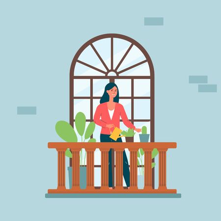Cartoon woman on balcony with arched window watering house plants and smiling - exterior view of brick building with person standing on balcony. Flat vector illustration.のイラスト素材