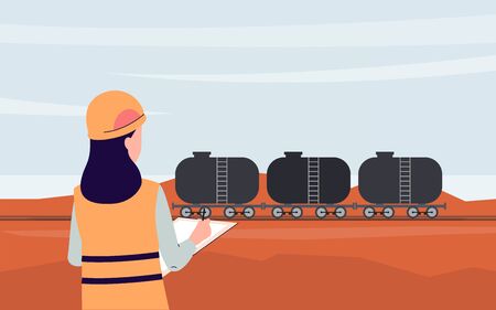 Stage of shipping crude oil in refinery plant with fuel tanks standing on railroad tracks, flat vector illustration. Power industry and fuel extraction background.のイラスト素材