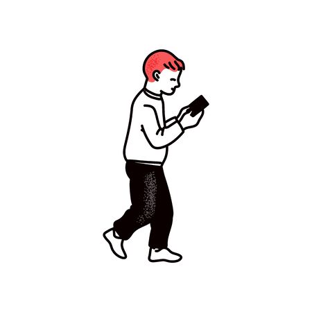 Little boy holding mobile phone and walking - cartoon preschool child looking at smartphone screen and reading. Flat vector illustration isolated on white background.のイラスト素材