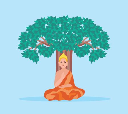 Cartoon Buddha sitting under a tree - Hinduism religion god meditating in lotus pose with eyes closed. Hindu deity praying in religious robe - vector illustration.のイラスト素材