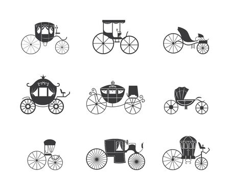 Vintage carriage and coach wagon icon set isolated on white background - black icons of ornate medieval transport vehicles on wheels, flat vector illustration collection.のイラスト素材