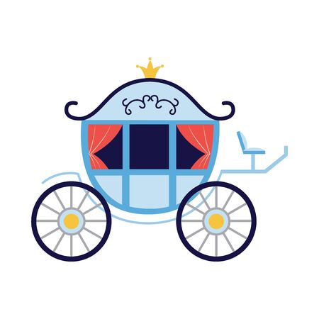 Blue vintage carriage coach with ornate royal decorations and red curtain in flat cartoon style isolated on white background. Chariot with crown - vector illustration.のイラスト素材