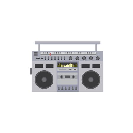 Cassette vintage stereo recorder from the eighties and nineties cartoon icon, flat vector illustration isolated on white background. Retro music equipment element.のイラスト素材